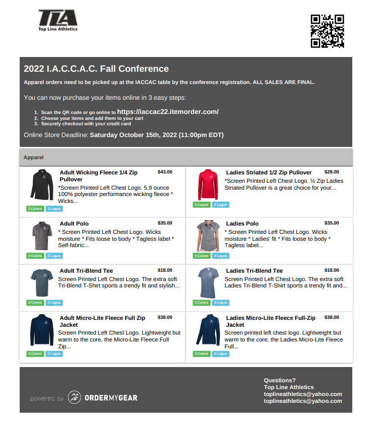 Apparel order instruction for IACCAC’s 2022 Fall Conference